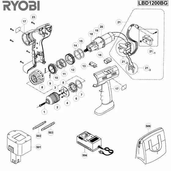 Ryobi LBD1200BG1 Spare Parts List Type: 1000018965